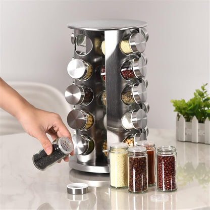 "20 Jar Rotating Stainless Steel Spice Rack with Pre-Filled Jars – Front View"

"Organize Spices Easily with 20 Jar Stainless Steel Carousel Rack"

"Compact Rotating Spice Rack Organizer with Labeled Glass Jars"

"Modern Stainless Steel Kitchen Spice Storage – 20 Jar Set"

