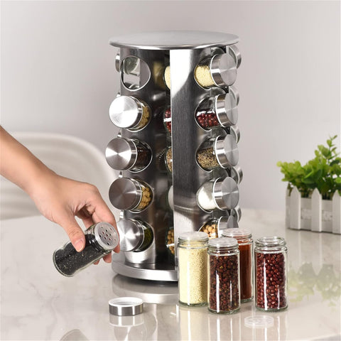 "20 Jar Rotating Stainless Steel Spice Rack with Pre-Filled Jars – Front View"

"Organize Spices Easily with 20 Jar Stainless Steel Carousel Rack"

"Compact Rotating Spice Rack Organizer with Labeled Glass Jars"

"Modern Stainless Steel Kitchen Spice Storage – 20 Jar Set"

