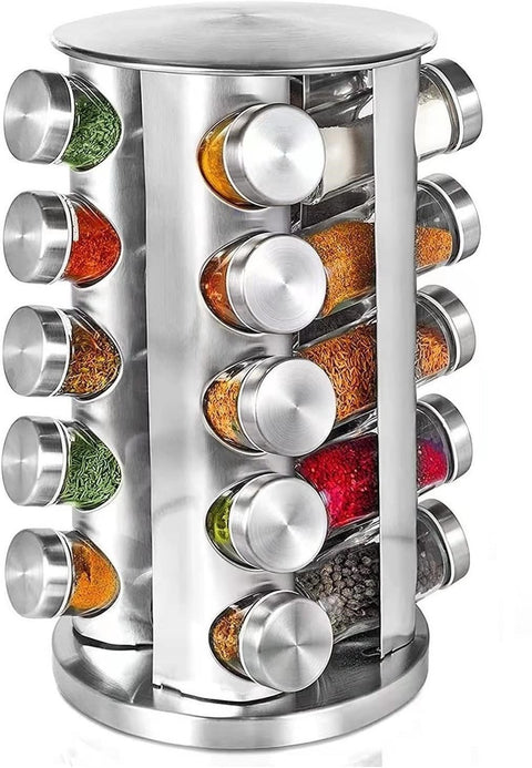"20 Jar Rotating Stainless Steel Spice Rack with Pre-Filled Jars – Front View"

"Organize Spices Easily with 20 Jar Stainless Steel Carousel Rack"

"Compact Rotating Spice Rack Organizer with Labeled Glass Jars"

"Modern Stainless Steel Kitchen Spice Storage – 20 Jar Set"

