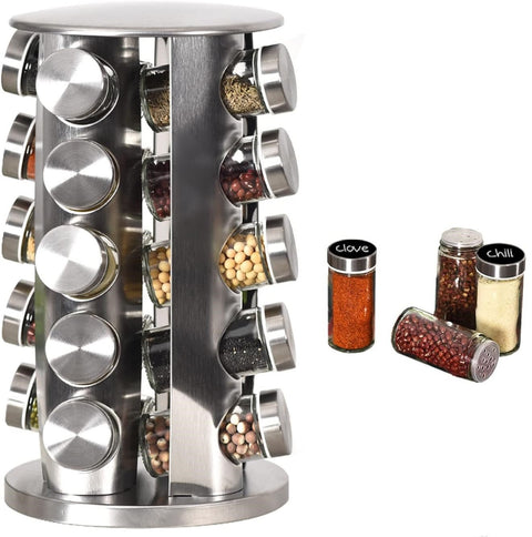 "20 Jar Rotating Stainless Steel Spice Rack with Pre-Filled Jars – Front View"

"Organize Spices Easily with 20 Jar Stainless Steel Carousel Rack"

"Compact Rotating Spice Rack Organizer with Labeled Glass Jars"

"Modern Stainless Steel Kitchen Spice Storage – 20 Jar Set"

