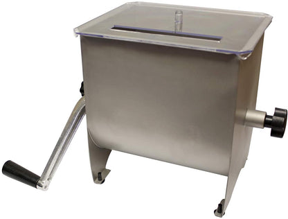 20 LB Stainless Steel Manual Meat Mixer – Front View
Hand crank food processor with clear lid – BR102
Interior paddles and mixing blades for even blend
Side angle of BR102 meat mixer on countertop
Stainless steel tub and mixing crank design details