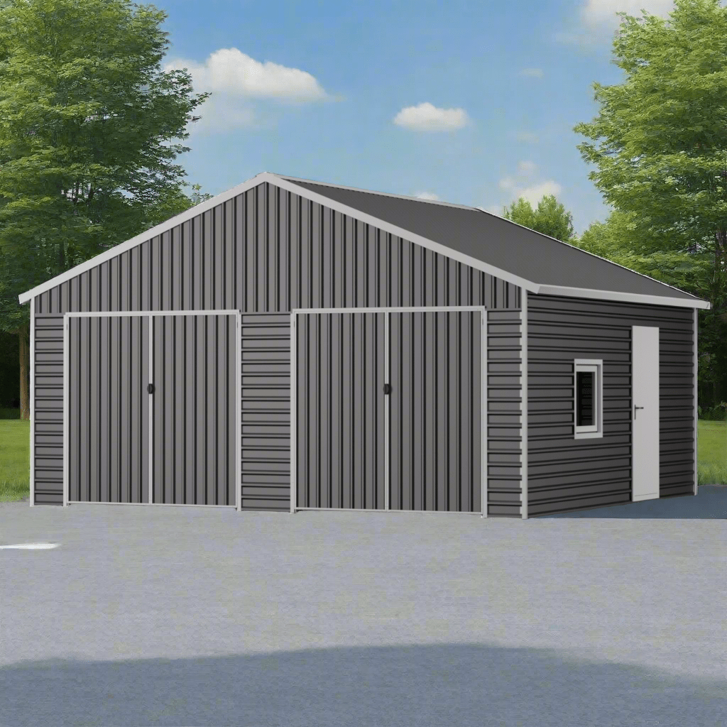 Exterior view of large metal storage shed with double doors

Side angle of steel storage building in backyard

Outdoor shed with steel construction and swing doors