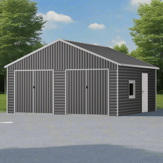 Exterior view of large metal storage shed with double doors

Side angle of steel storage building in backyard

Outdoor shed with steel construction and swing doors