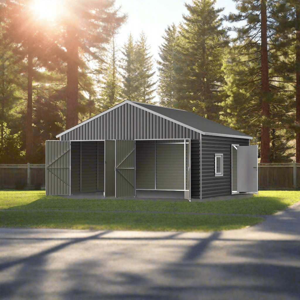Exterior view of large metal storage shed with double doors

Side angle of steel storage building in backyard

Outdoor shed with steel construction and swing doors