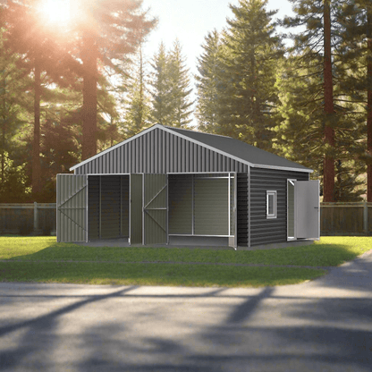 Exterior view of large metal storage shed with double doors

Side angle of steel storage building in backyard

Outdoor shed with steel construction and swing doors