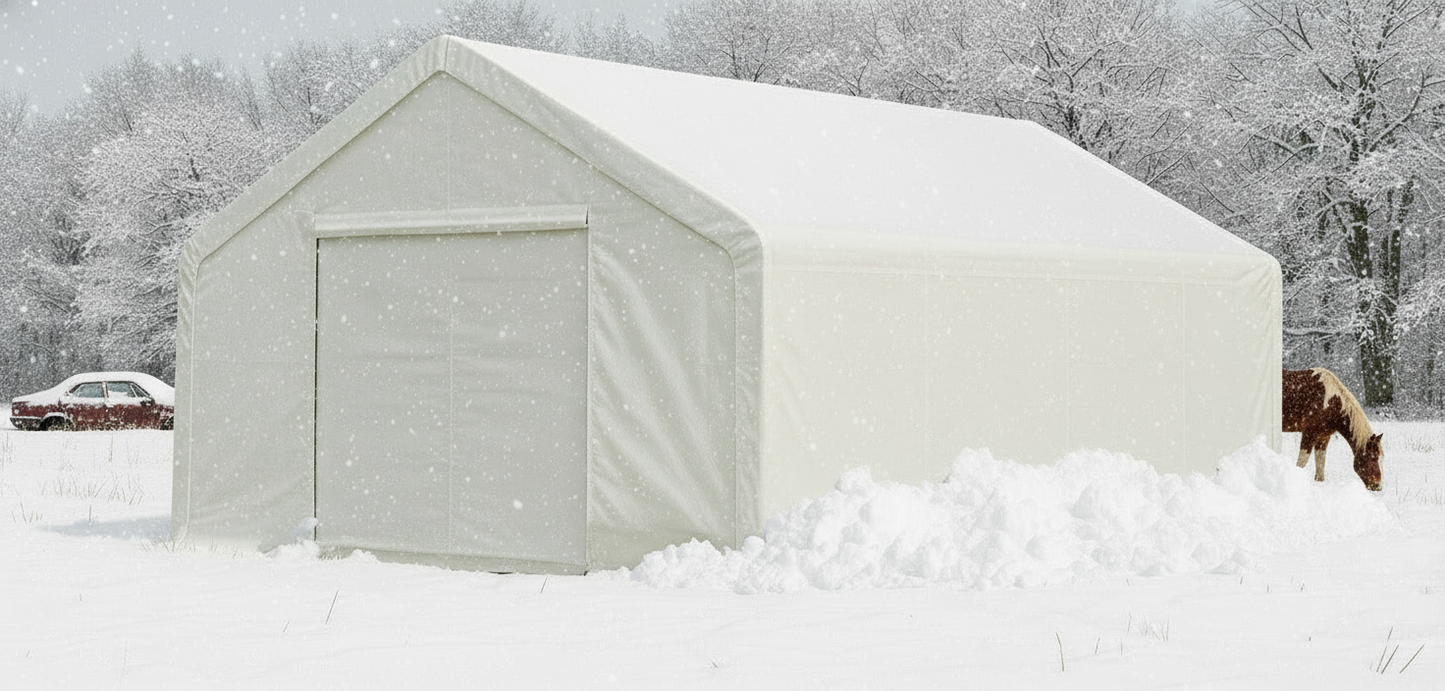 20x30 straight wall peak ceiling shelter with PVC cover – front view
Inside view of industrial-grade PVC storage shelter with steel frame
Roll-up zippered door on heavy-duty 20x30 equipment storage shelter
Installation-ready white PVC storage building for commercial use