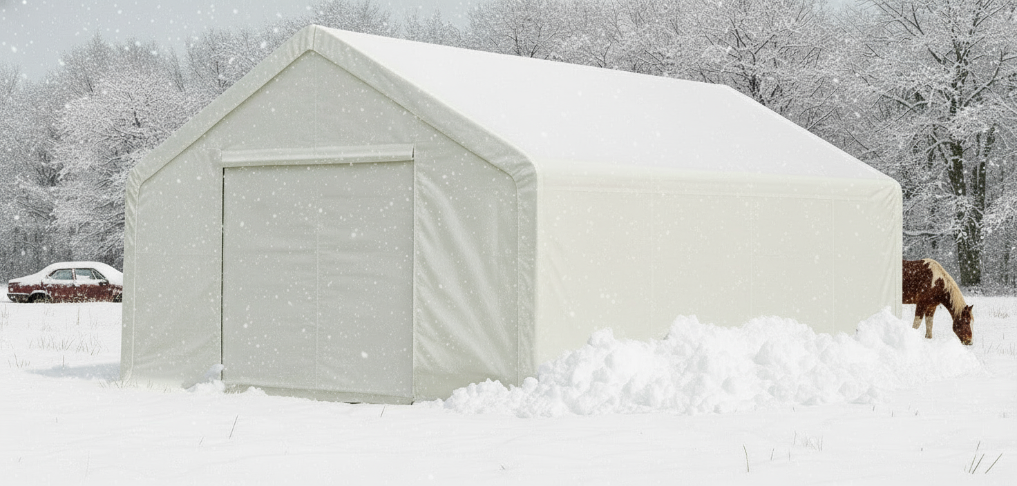 20x30 straight wall peak ceiling shelter with PVC cover – front view
Inside view of industrial-grade PVC storage shelter with steel frame
Roll-up zippered door on heavy-duty 20x30 equipment storage shelter
Installation-ready white PVC storage building for commercial use