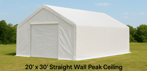 20x30 straight wall peak ceiling shelter with PVC cover – front view
Inside view of industrial-grade PVC storage shelter with steel frame
Roll-up zippered door on heavy-duty 20x30 equipment storage shelter
Installation-ready white PVC storage building for commercial use