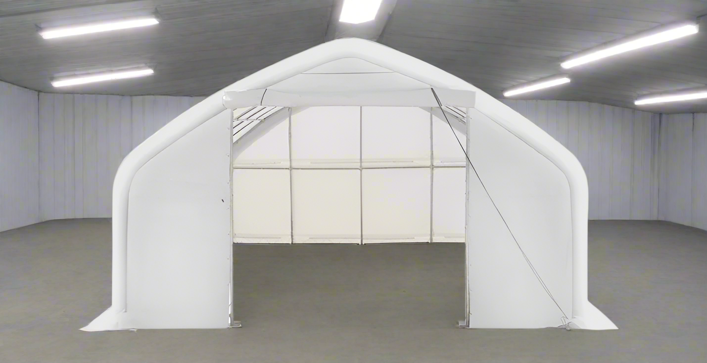 20x30 straight wall peak ceiling shelter with PVC cover – front view
Inside view of industrial-grade PVC storage shelter with steel frame
Roll-up zippered door on heavy-duty 20x30 equipment storage shelter
Installation-ready white PVC storage building for commercial use