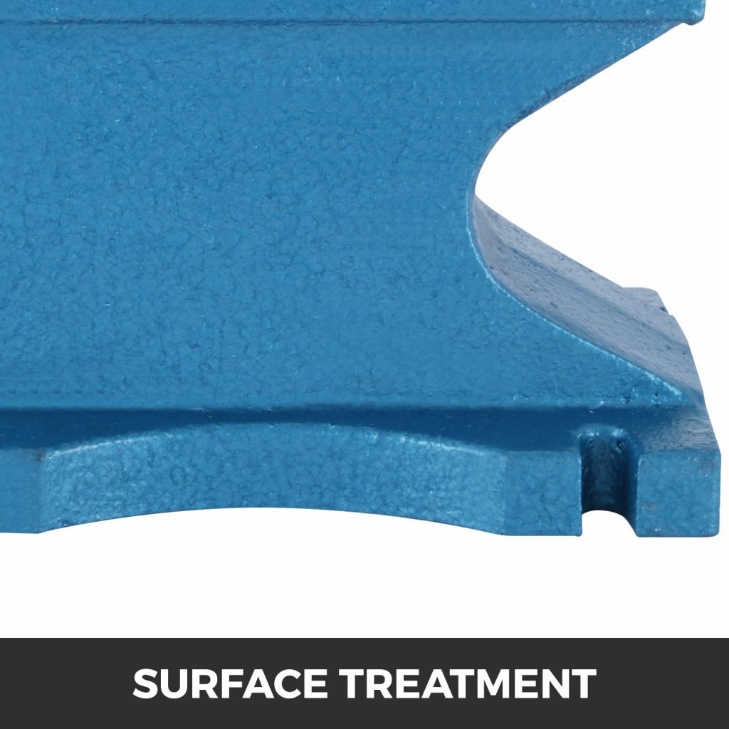 Close-up of cast iron anvil horn and hardy hole for forging
Drop-forged blacksmith anvil with flat surface and blue finish
Side view of 400 LB anvil used for metalworking and welding
Blue cast iron anvil showing base and working surface