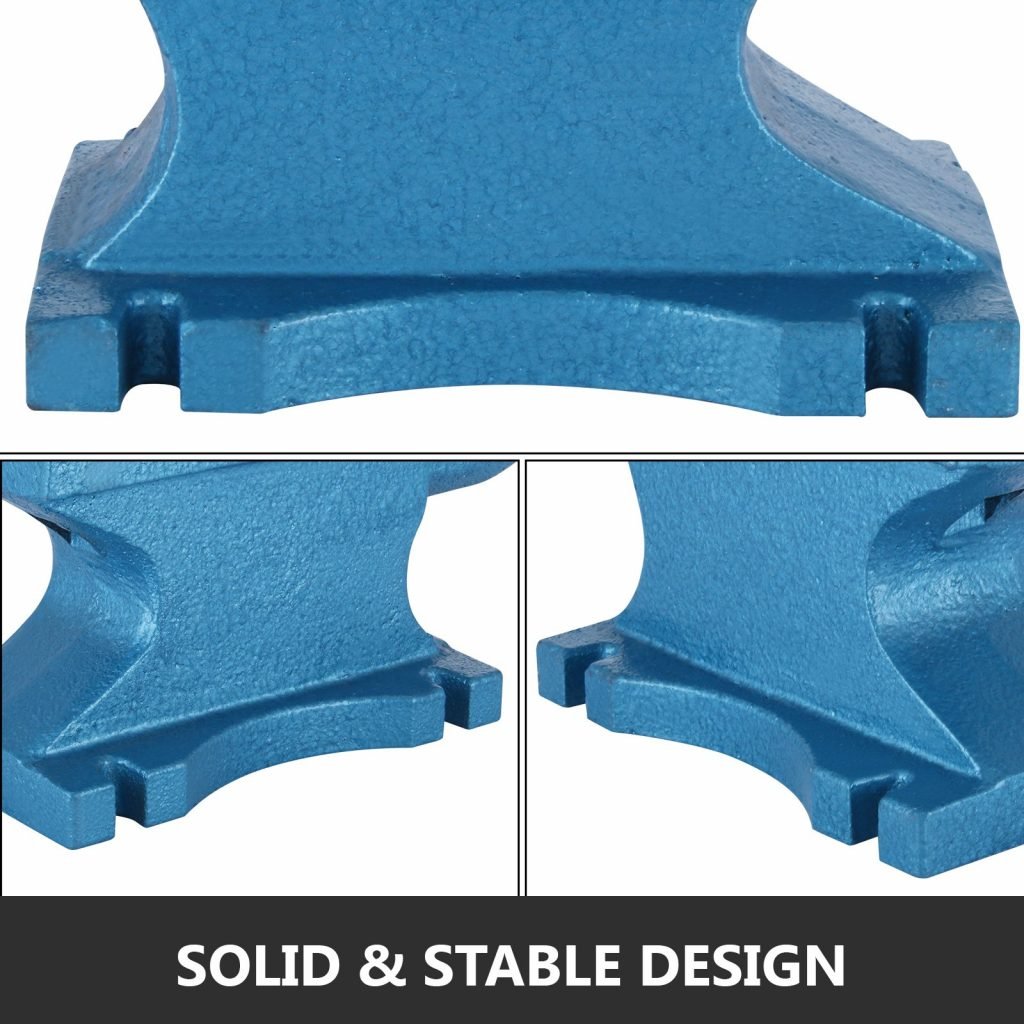 Close-up of cast iron anvil horn and hardy hole for forging
Drop-forged blacksmith anvil with flat surface and blue finish
Side view of 400 LB anvil used for metalworking and welding
Blue cast iron anvil showing base and working surface