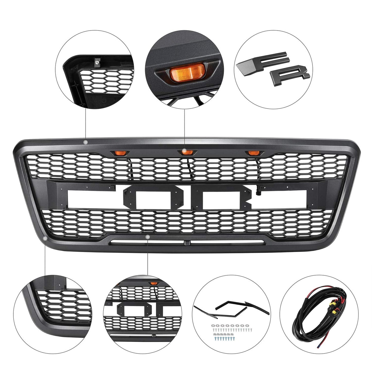 Front view of the 2004–2008 Ford F-150 Raptor grille
Installation kit and LED wiring harness
LED lights close-up on grille
Before and after truck grille installation
Black ABS plastic honeycomb grille
Amber LED light placement inside grille