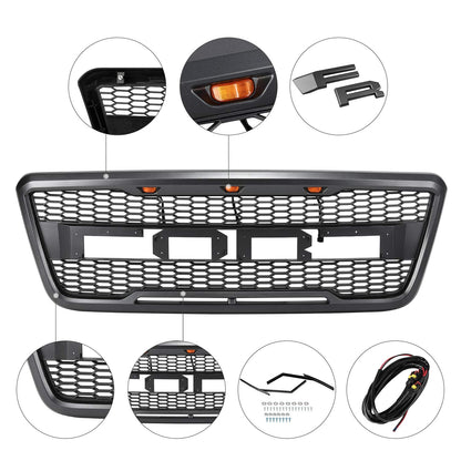 Front view of the 2004–2008 Ford F-150 Raptor grille
Installation kit and LED wiring harness
LED lights close-up on grille
Before and after truck grille installation
Black ABS plastic honeycomb grille
Amber LED light placement inside grille