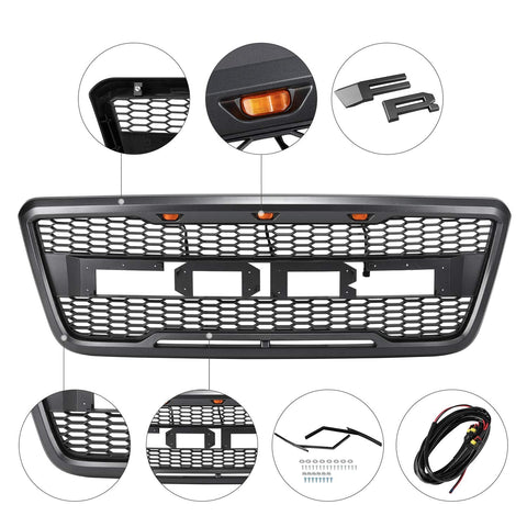 Front view of the 2004–2008 Ford F-150 Raptor grille
Installation kit and LED wiring harness
LED lights close-up on grille
Before and after truck grille installation
Black ABS plastic honeycomb grille
Amber LED light placement inside grille