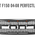 Front view of the 2004–2008 Ford F-150 Raptor grille
Installation kit and LED wiring harness
LED lights close-up on grille
Before and after truck grille installation
Black ABS plastic honeycomb grille
Amber LED light placement inside grille