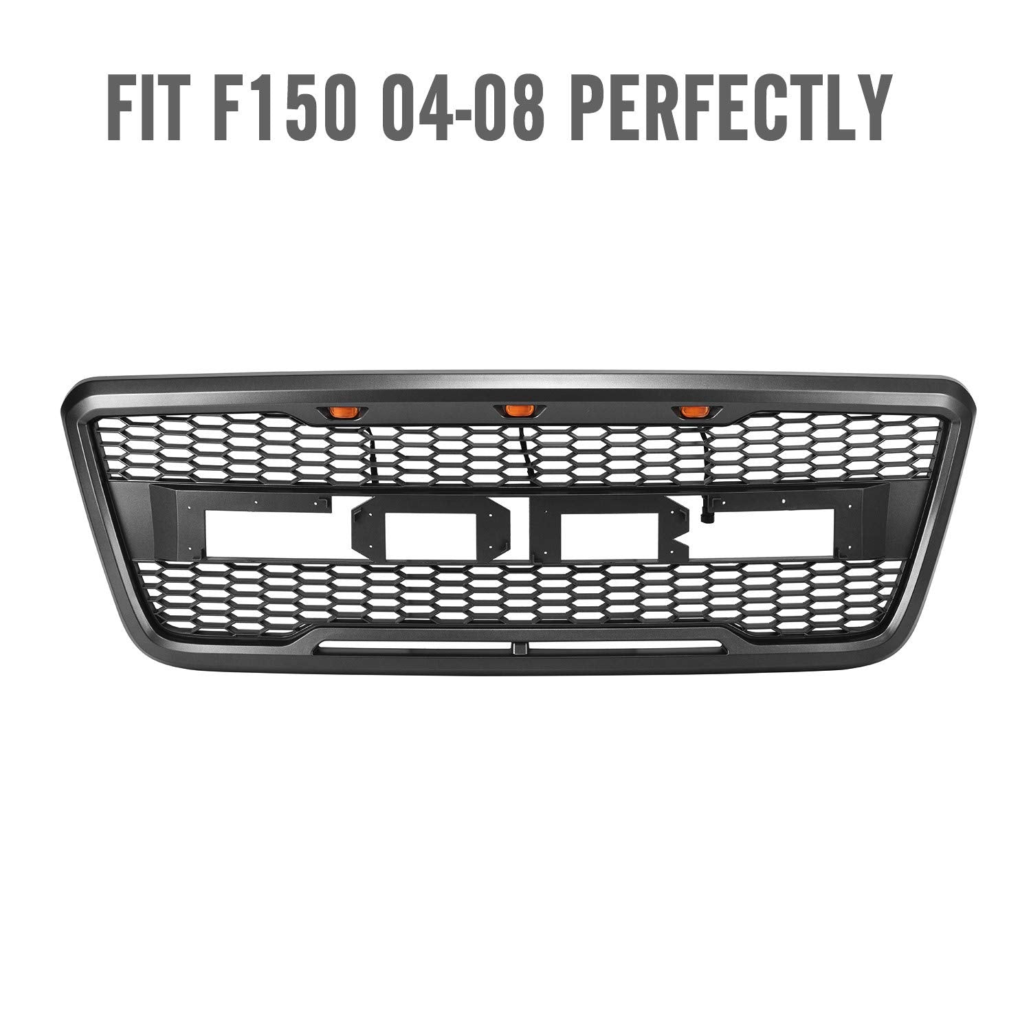 Front view of the 2004–2008 Ford F-150 Raptor grille
Installation kit and LED wiring harness
LED lights close-up on grille
Before and after truck grille installation
Black ABS plastic honeycomb grille
Amber LED light placement inside grille