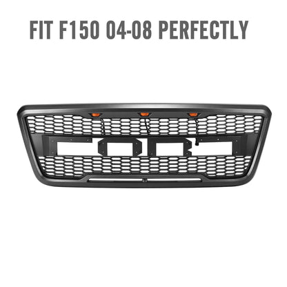 Front view of the 2004–2008 Ford F-150 Raptor grille
Installation kit and LED wiring harness
LED lights close-up on grille
Before and after truck grille installation
Black ABS plastic honeycomb grille
Amber LED light placement inside grille