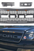 Front view of the 2004–2008 Ford F-150 Raptor grille
Installation kit and LED wiring harness
LED lights close-up on grille
Before and after truck grille installation
Black ABS plastic honeycomb grille
Amber LED light placement inside grille