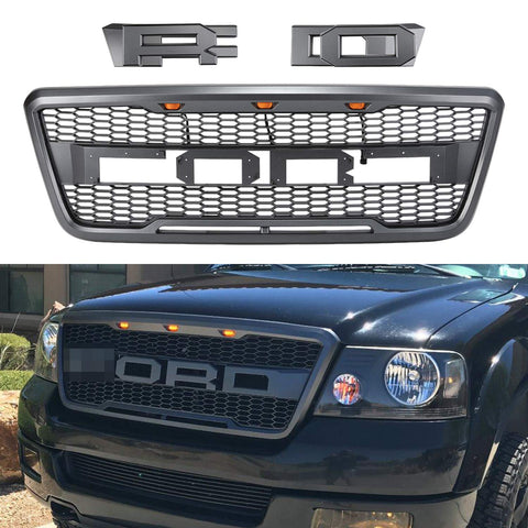 Front view of the 2004–2008 Ford F-150 Raptor grille
Installation kit and LED wiring harness
LED lights close-up on grille
Before and after truck grille installation
Black ABS plastic honeycomb grille
Amber LED light placement inside grille