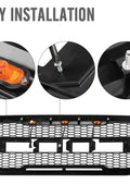Front view of the 2004–2008 Ford F-150 Raptor grille
Installation kit and LED wiring harness
LED lights close-up on grille
Before and after truck grille installation
Black ABS plastic honeycomb grille
Amber LED light placement inside grille