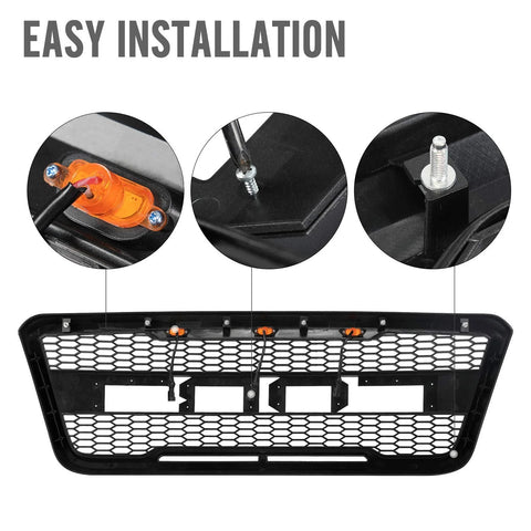Front view of the 2004–2008 Ford F-150 Raptor grille
Installation kit and LED wiring harness
LED lights close-up on grille
Before and after truck grille installation
Black ABS plastic honeycomb grille
Amber LED light placement inside grille