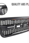 Front view of the 2004–2008 Ford F-150 Raptor grille
Installation kit and LED wiring harness
LED lights close-up on grille
Before and after truck grille installation
Black ABS plastic honeycomb grille
Amber LED light placement inside grille
