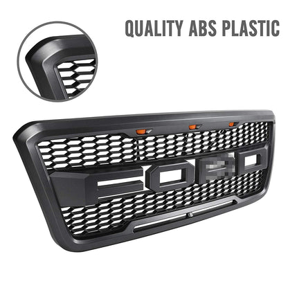 Front view of the 2004–2008 Ford F-150 Raptor grille
Installation kit and LED wiring harness
LED lights close-up on grille
Before and after truck grille installation
Black ABS plastic honeycomb grille
Amber LED light placement inside grille