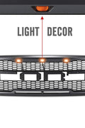 Front view of the 2004–2008 Ford F-150 Raptor grille
Installation kit and LED wiring harness
LED lights close-up on grille
Before and after truck grille installation
Black ABS plastic honeycomb grille
Amber LED light placement inside grille