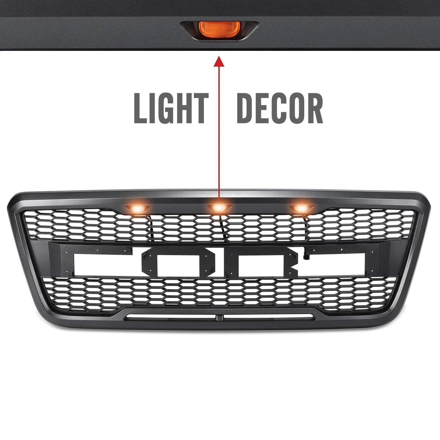 Front view of the 2004–2008 Ford F-150 Raptor grille
Installation kit and LED wiring harness
LED lights close-up on grille
Before and after truck grille installation
Black ABS plastic honeycomb grille
Amber LED light placement inside grille