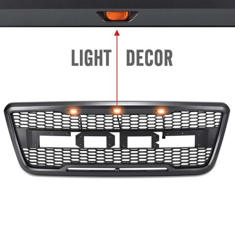 Front view of the 2004–2008 Ford F-150 Raptor grille
Installation kit and LED wiring harness
LED lights close-up on grille
Before and after truck grille installation
Black ABS plastic honeycomb grille
Amber LED light placement inside grille