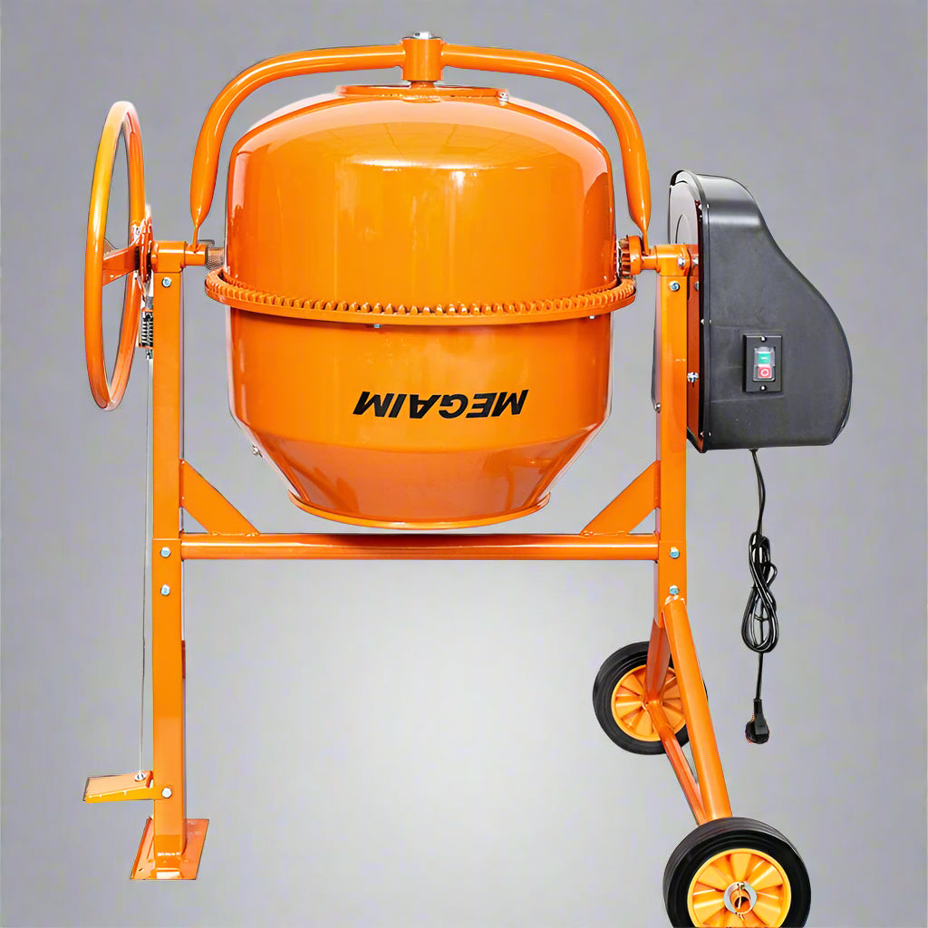 200L cement mixer with large orange drum and AC-powered motor

Electric 9 cu ft concrete mixer CM200M with wheels for portability

Heavy-duty steel frame concrete mixer for job sites