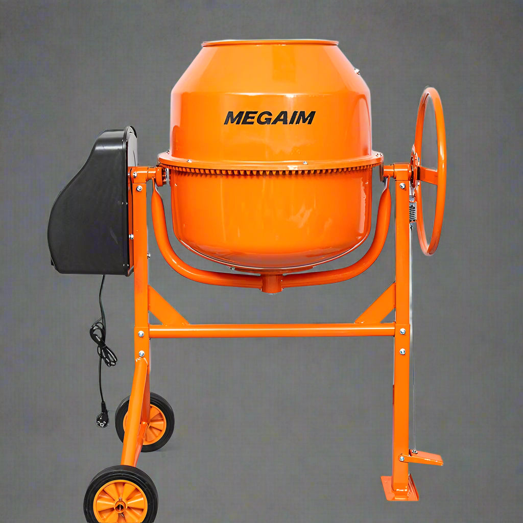 200L cement mixer with large orange drum and AC-powered motor

Electric 9 cu ft concrete mixer CM200M with wheels for portability

Heavy-duty steel frame concrete mixer for job sites