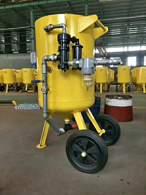 “Yellow 200L industrial sandblaster pot on wheels”

“High-capacity blasting machine with control panel”

“Included parts and components of sandblasting system”

