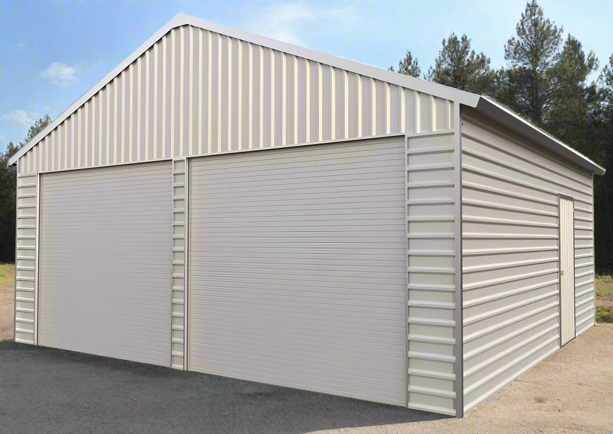 “Front view of 21x19 FT metal garage shed with electric roll-up doors”

“Side view of heavy-duty double metal garage shed structure”

“Spacious steel shed ideal for vehicle or equipment storage”