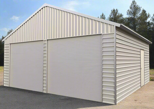 “Front view of 21x19 FT metal garage shed with electric roll-up doors”

“Side view of heavy-duty double metal garage shed structure”

“Spacious steel shed ideal for vehicle or equipment storage”