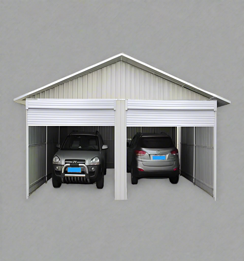 “Front view of 21x19 FT metal garage shed with electric roll-up doors”

“Side view of heavy-duty double metal garage shed structure”

“Spacious steel shed ideal for vehicle or equipment storage”
