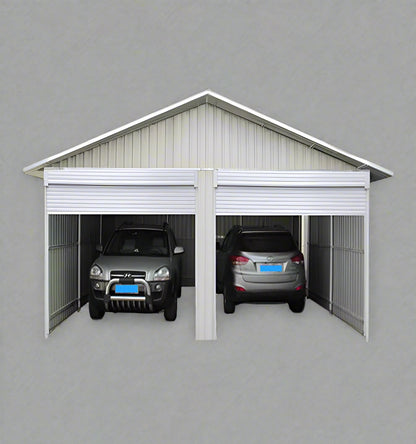 “Front view of 21x19 FT metal garage shed with electric roll-up doors”

“Side view of heavy-duty double metal garage shed structure”

“Spacious steel shed ideal for vehicle or equipment storage”