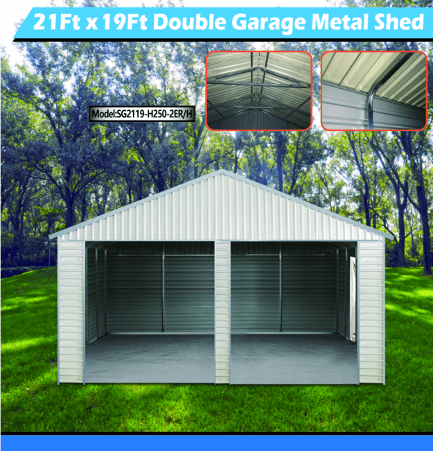 “Front view of 21x19 FT metal garage shed with electric roll-up doors”

“Side view of heavy-duty double metal garage shed structure”

“Spacious steel shed ideal for vehicle or equipment storage”