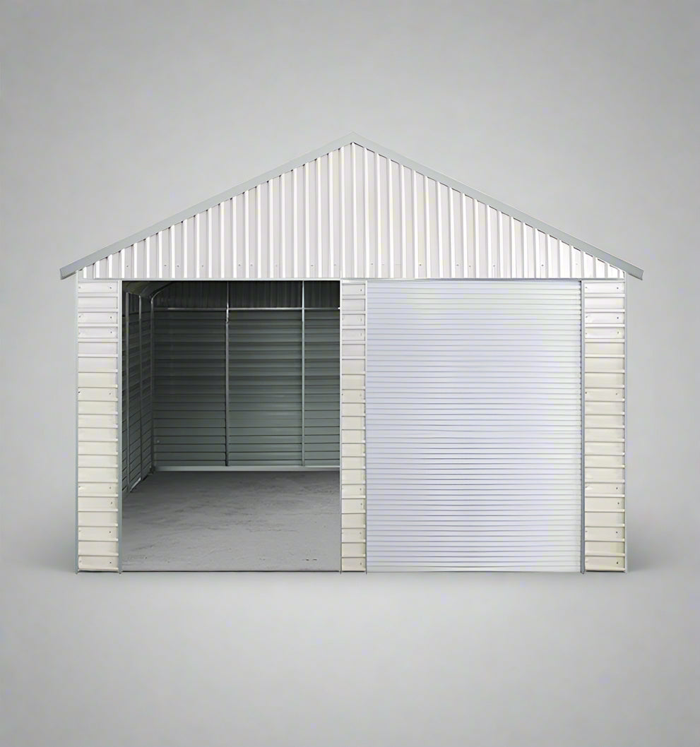 “Front view of 21x19 FT metal garage shed with electric roll-up doors”

“Side view of heavy-duty double metal garage shed structure”

“Spacious steel shed ideal for vehicle or equipment storage”