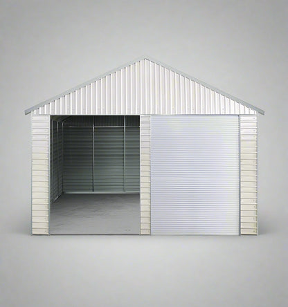 “Front view of 21x19 FT metal garage shed with electric roll-up doors”

“Side view of heavy-duty double metal garage shed structure”

“Spacious steel shed ideal for vehicle or equipment storage”