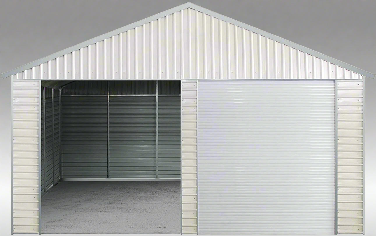 “Front view of 21x19 FT metal garage shed with electric roll-up doors”

“Side view of heavy-duty double metal garage shed structure”

“Spacious steel shed ideal for vehicle or equipment storage”