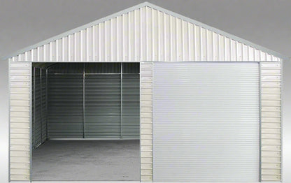 “Front view of 21x19 FT metal garage shed with electric roll-up doors”

“Side view of heavy-duty double metal garage shed structure”

“Spacious steel shed ideal for vehicle or equipment storage”