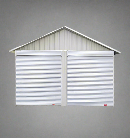 “Front view of 21x19 FT metal garage shed with electric roll-up doors”

“Side view of heavy-duty double metal garage shed structure”

“Spacious steel shed ideal for vehicle or equipment storage”