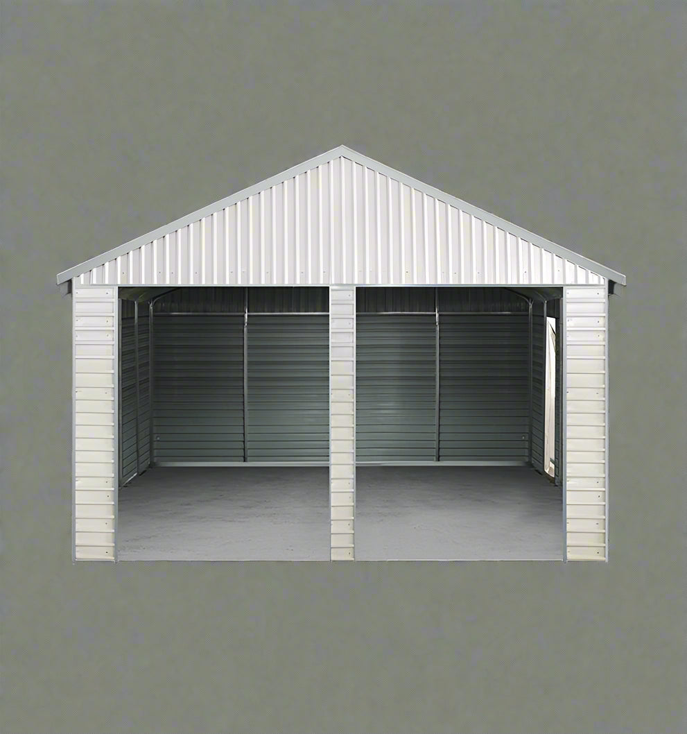 “Front view of 21x19 FT metal garage shed with electric roll-up doors”

“Side view of heavy-duty double metal garage shed structure”

“Spacious steel shed ideal for vehicle or equipment storage”