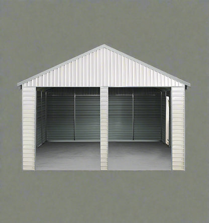 “Front view of 21x19 FT metal garage shed with electric roll-up doors”

“Side view of heavy-duty double metal garage shed structure”

“Spacious steel shed ideal for vehicle or equipment storage”