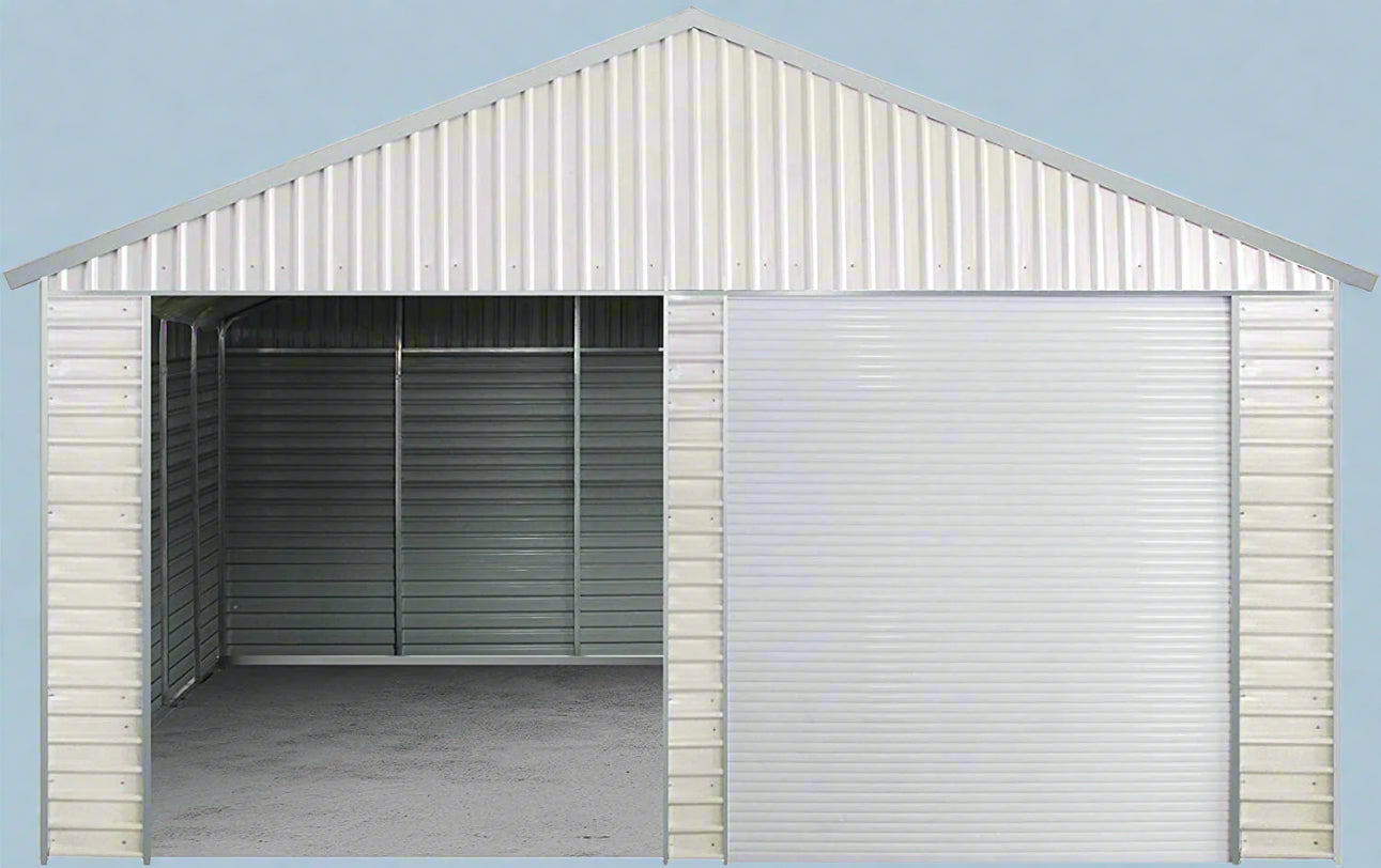 “Front view of 21x19 FT metal garage shed with electric roll-up doors”

“Side view of heavy-duty double metal garage shed structure”

“Spacious steel shed ideal for vehicle or equipment storage”