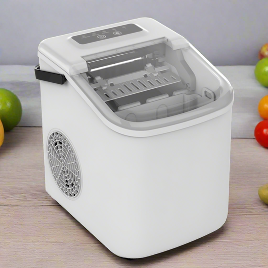 Compact 22 lbs countertop ice maker with scoop and basket
Portable ice machine for home or office
White tabletop ice maker with transparent lid
Efficient electric ice maker for quick ice production