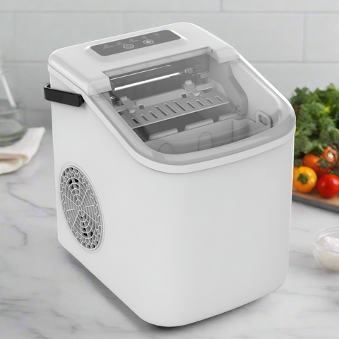 Compact 22 lbs countertop ice maker with scoop and basket
Portable ice machine for home or office
White tabletop ice maker with transparent lid
Efficient electric ice maker for quick ice production