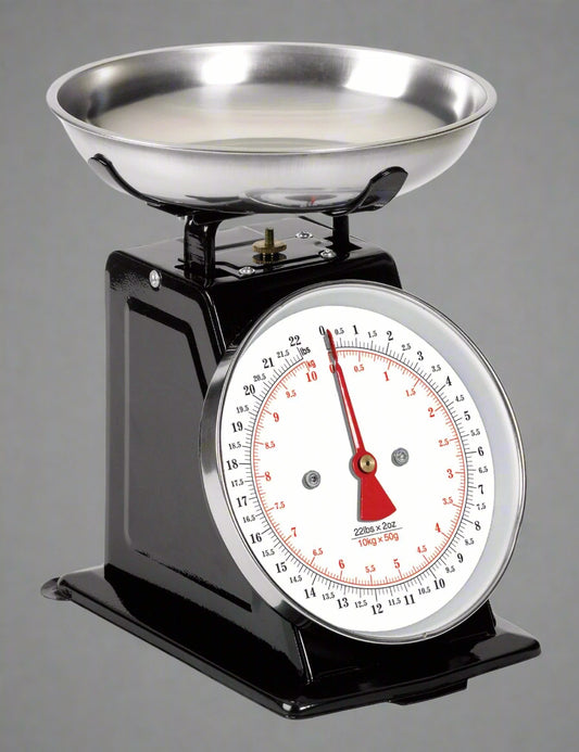 "22 LB retro kitchen scale with stainless steel bowl – silver design"

"Mechanical dial kitchen scale – black & silver classic model"

"Analog kitchen scale for food prep – vintage look, 410MKS"