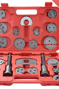 Full 22-piece disc brake compressor kit with red carrying case
Thrust bolts and adaptor discs inside tool tray
Wind back caliper kit displayed in organized layout
Caliper rewind tool set for automotive brake maintenance
Red universal brake caliper service tool kit with accessories